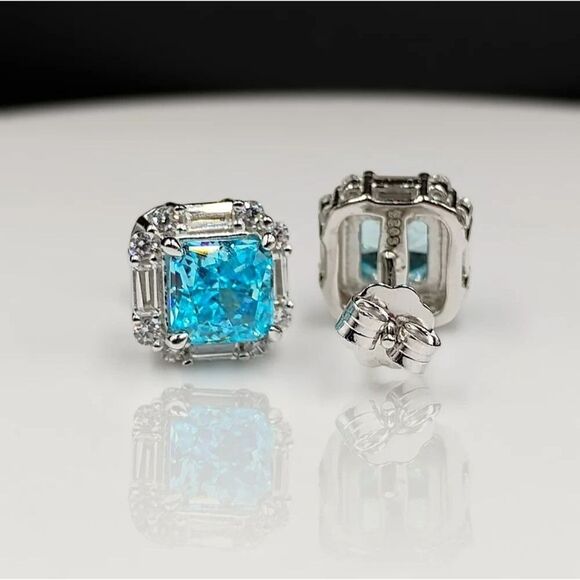 2.30CT Radiant Cut Crushed Ice Swiss Blue Topaz Stud Earrings in Sterling Silver - Picture 2 of 7